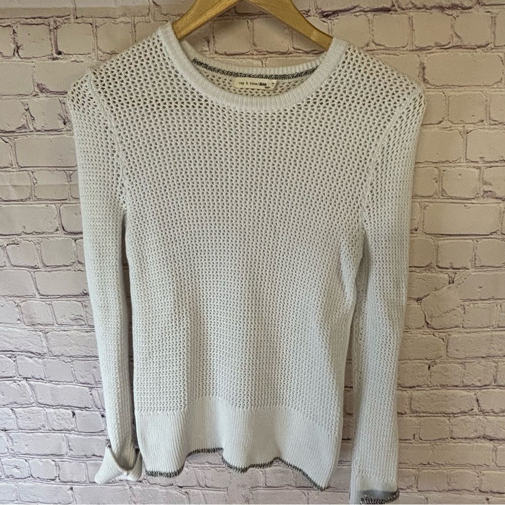 Rag & Bone White Crew Neck Open Knit Minimalist Coastal Academia Sweater Size XS